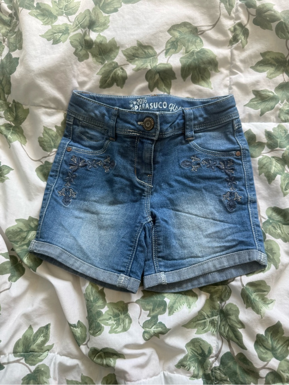 Parasuco Girls Blue Denim Shorts with Floral Embroidery